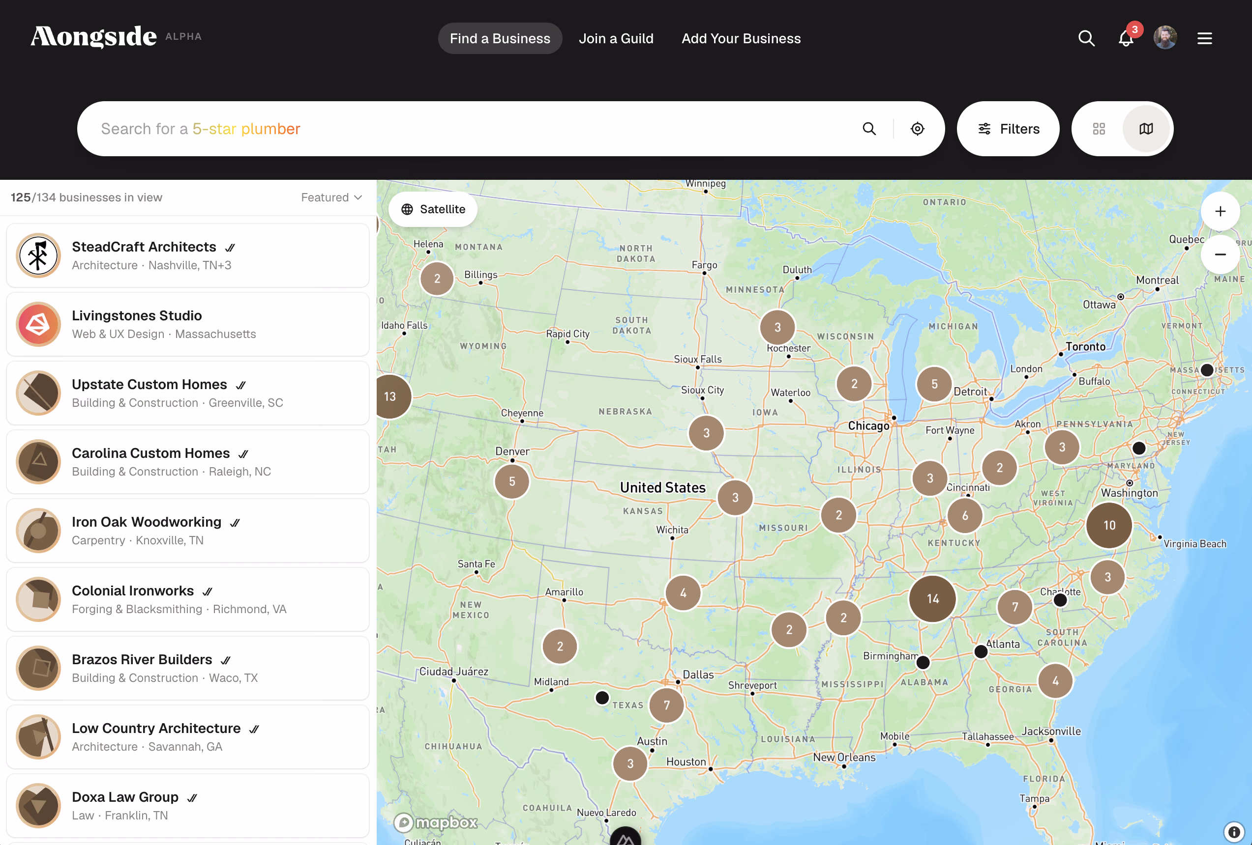 The Alongside business directory on desktop