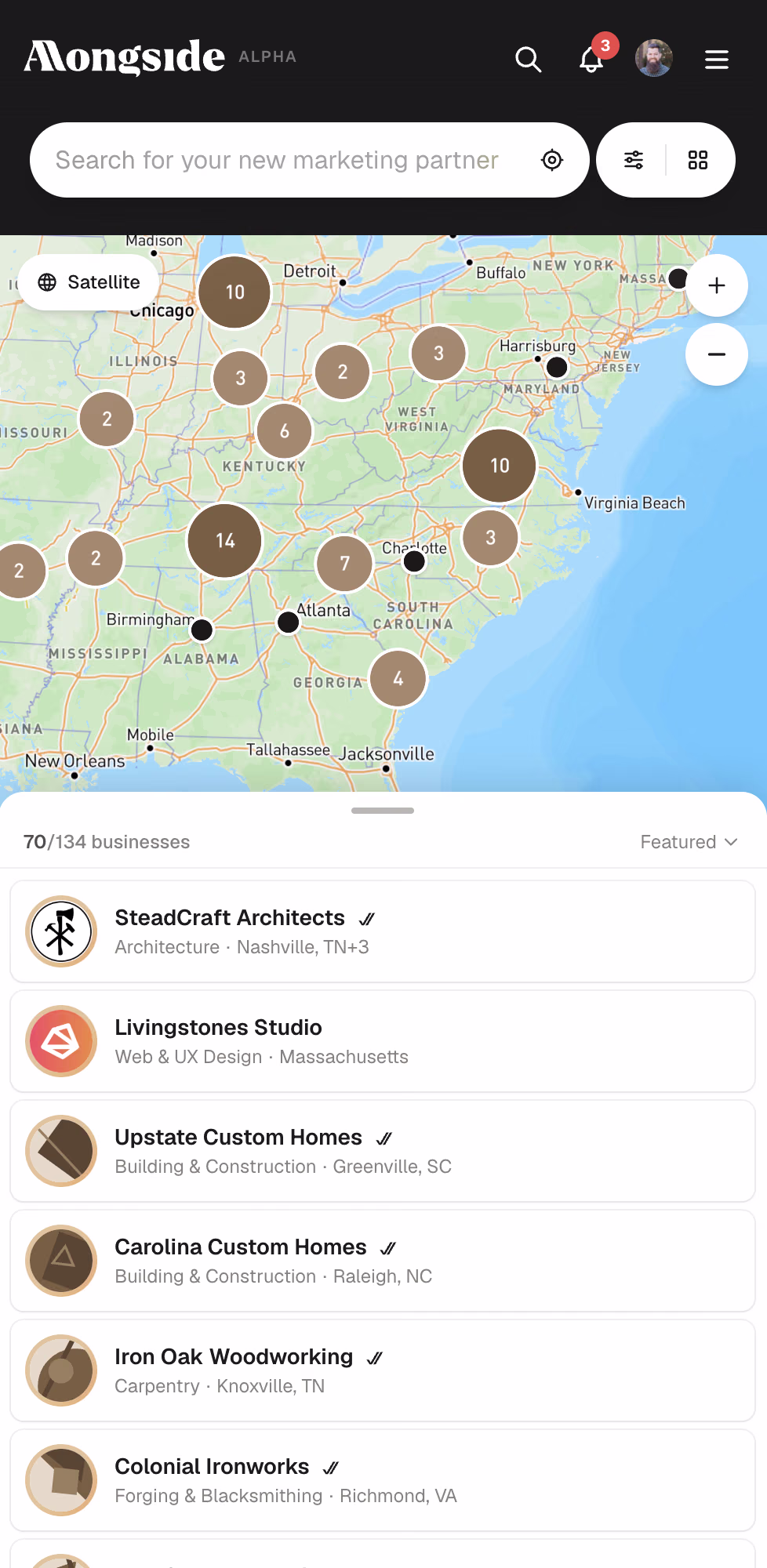 The Alongside business directory on mobile